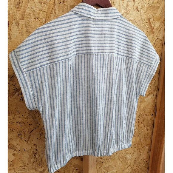 WHO WHAT WEAR Blue Striped Button Up Shirt Top Size Medium - Picture 6 of 9